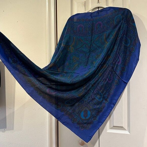 VTG Large Square Silk Cobalt Blue Teal Purple Jewel Toned Paisley Mosaic Scarf - Picture 12 of 16